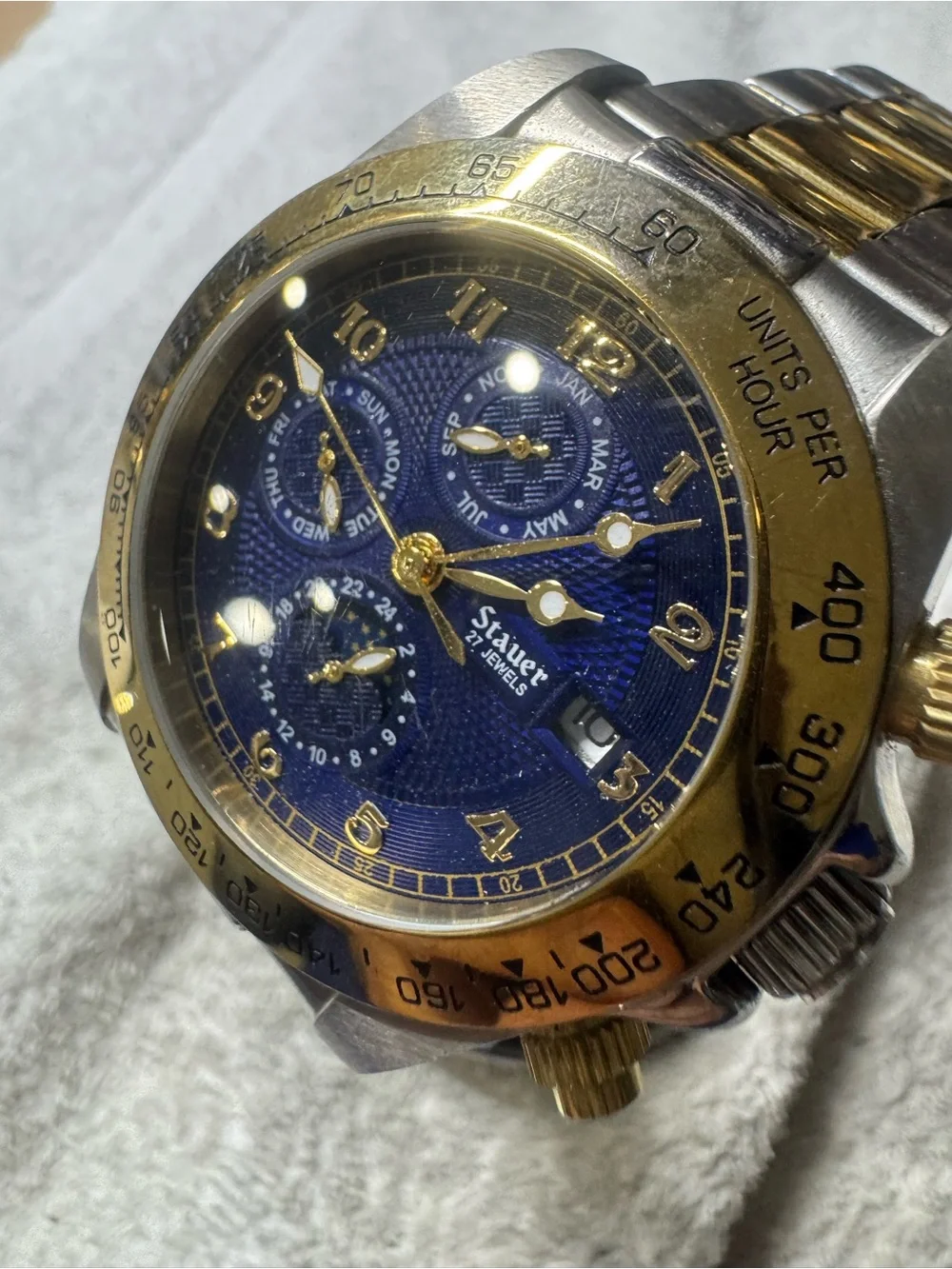 Stauer automatic Men's Two-Tone Gold & Blue Chronograph Watch